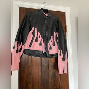 MOVING SALE womens Diamond plate faux leather pink flames motorcycle jacket